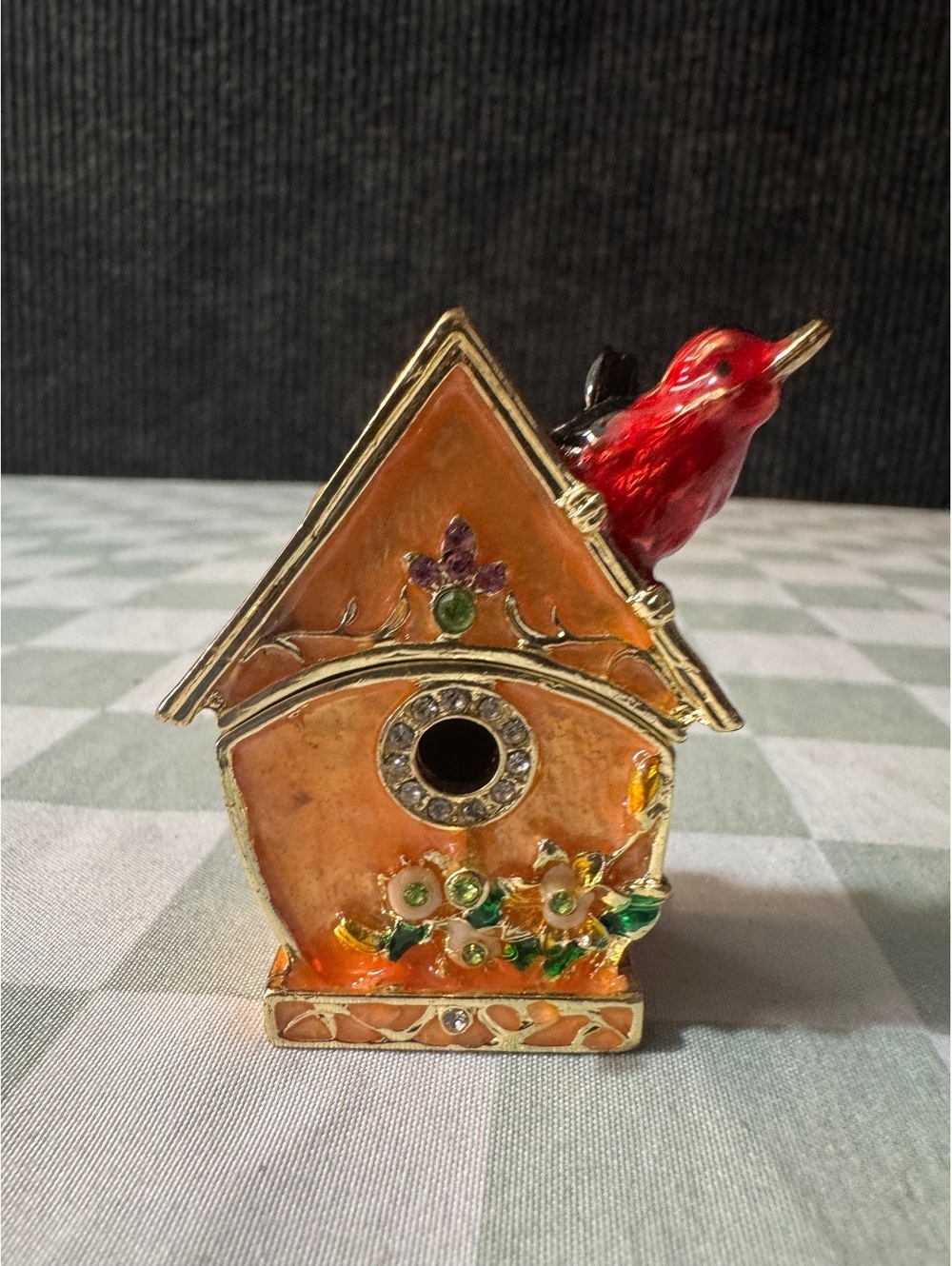 Birdhouse Trinket Box with Red Bird and Floral Details
